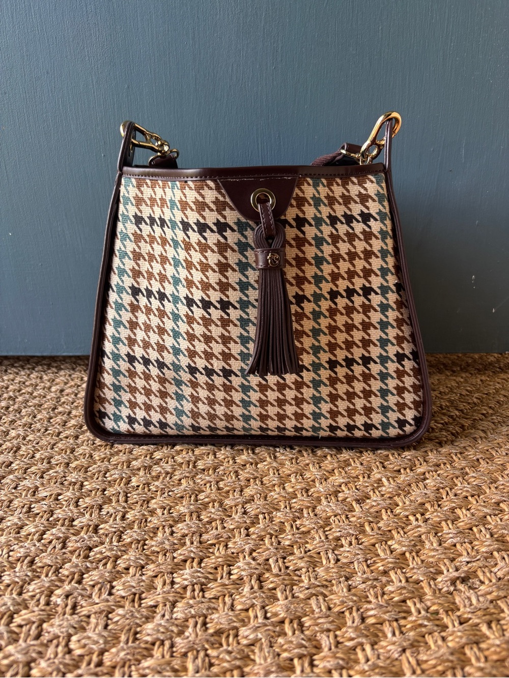 Spartina 449 Brown and Cream Houndstooth Tassel Shoulder Bag